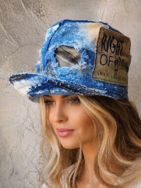 Avant-Garde Top Hat Designer French Garcon Cap Raw Upcycled Denim Angel Patched